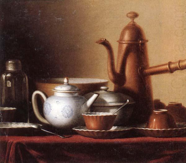 unknow artist Still life of a chocolate pot,teapot,sucrier,bowl,teajar,tea cups and saucers,and silver spoons,all upon a draped table top china oil painting image